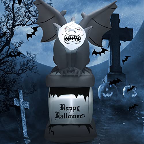 COSTWAY 8.2 FT Halloween Inflatable Gravestone w/Gargoyle Yard Decoration w/LED Lights