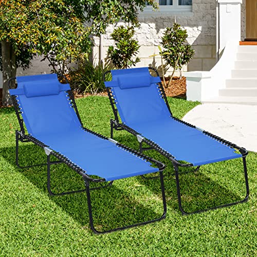 COSTWAY 2 PCS Folding Lounge Chaise 16" High Recline Chair W/Adjustable Backrest and Footrest Navy