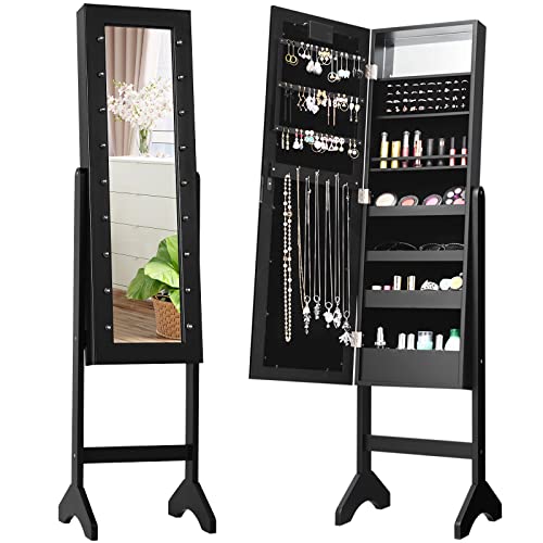 COSTWAY Jewelry Armoire with 18 LED Lights, Standing Jewelry Organizer Cabinet with Full-length Mirror & Built-In Mirror, Large Storage Capacity Jewelry Cabinet for Bedroom, Dressing Room (Black)