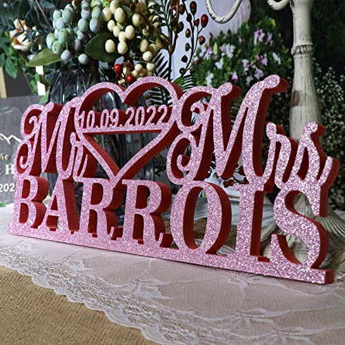 HZGUEOSTB Mr and Mrs Sign for Wedding Table Decorations,Personalized Wedding Signs for Ceremony and Reception,Customized Wedding Date And Last Name,Anniversary Party Valentine's Day Decor (Pink)