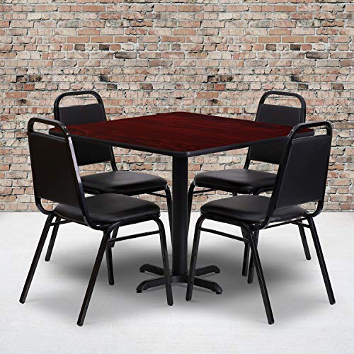 Flash Furniture Carlton 36'' Square Mahogany Laminate Table Set with X-Base and 4 Black Trapezoidal Back Banquet Chairs