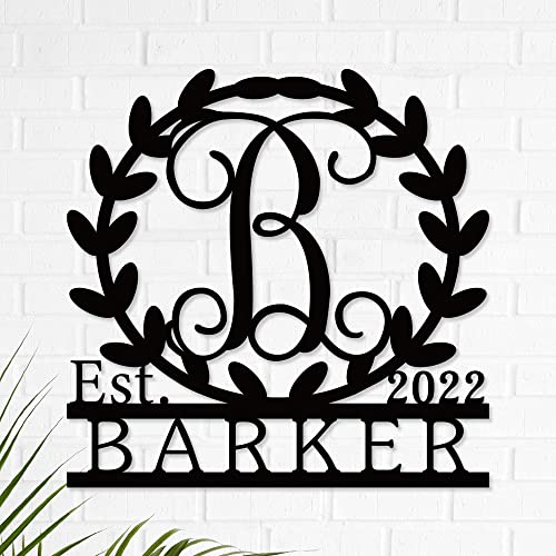 Personalized Family Name Sign Custom Last Name Sign Monogram Letters Wall Decor Personalized Name Signs for Home Decor Metal Established Sign Initial Split Letter Monogram Sign (Wreath)