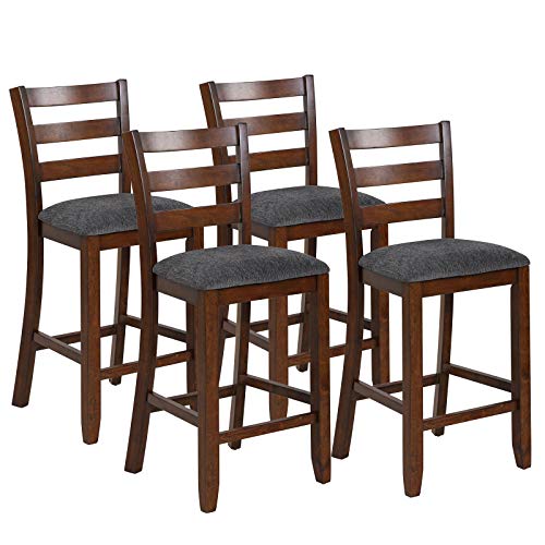 COSTWAY Set of 4 Counter Height Bar Stool, 25.5-Inch Upholstered Bar Stools with Solid Rubber Wood Frame, Foam-Padded Cushion, Footrest, Kitchen Chair for Bistro, Living Room, Grey and Brown