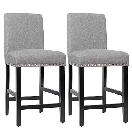 COSTWAY Bar Stools Set of 2, Upholstered Bar Stools w/Rubber Wood Legs, Breathable Linen Fabric, High Resilience Sponge, Padded Seat, for Kitchen Dining Room (Gray, 2)