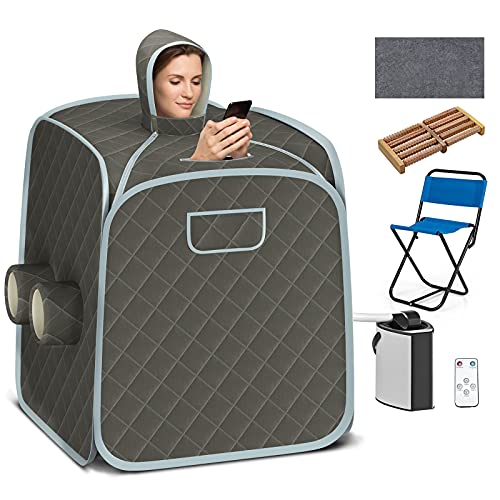 COSTWAY Portable Steam Sauna, Remote Control, 3L Steamer, Foldable Sauna Spa with 9 Temperature and 90 Mins Timer, Atomization, Personal Sauna Hat Tent for Detox Relaxation (Grey)