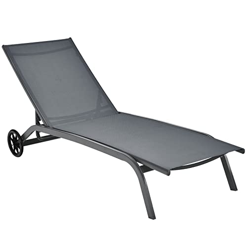 COSTWAY Patio Lounge Chair Chaise Adjustable Back Recliner Garden W/Wheel Grey