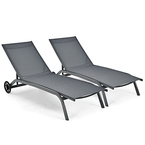 COSTWAY 2PCS Patio Lounge Chair Chaise Adjustable Back Recliner W/Wheels Grey