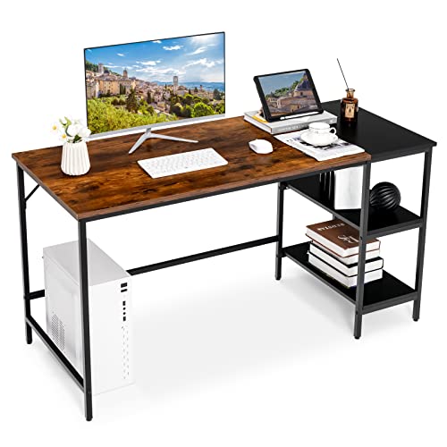 COSTWAY 55Ó Computer Desk, PC Laptop Desk with Storage Shelves, Large Computer Desk with Splice Board, Adjustable Foot Pads, Industrial Home Office Desk for Writing, Study, Game (Rustic Brown)