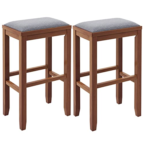 COSTWAY Upholstered Saddle Stools Set of 2, 31-inch Height Vintage Counter Height Chairs with Solid Wood Legs, Modern Backless Design Indoor Bar Stools for Kitchen, Dining, Pub and Bistro, Walnut