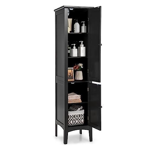 COSTWAY Tall Bathroom Storage Cabinet, 5-Tier Freestanding Linen Tower Cabinet with 2 Doors, Wooden Side Storage Organizer, Narrow Slim Floor Cabinet for Bathroom, Living Room, Kitchen (Black)