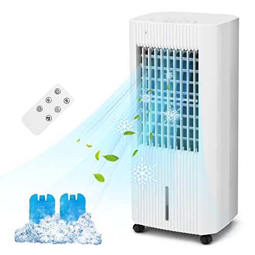 COSTWAY Evaporative Air Cooler, Portable Swamp Cooler with Remote, 2 Ice Packs, 15H Timer, 1.3 Gal Water Tank, 60¡ Oscillation, 3 Modes, 3 Speeds, LED Display, Evaporative Cooler for Bedroom Office