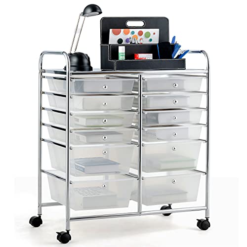 COSTWAY 12-Drawer Rolling Storage Cart, Moveable Art Craft Organizer W/Lockable Wheels, Metal Shelf, Files Arrangement Tools Makeup Storage Cart for Office, Home, School (Clear)