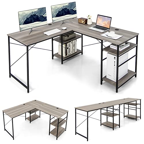 COSTWAY L-Shaped Corner Desk, Convertible Computer Desk with 4-Tier Shelves & 3 Cable Holes, Modern Gaming Writing Workstation, 95 Inch 2-Person Long Computer Desk for Home Office (Grey)