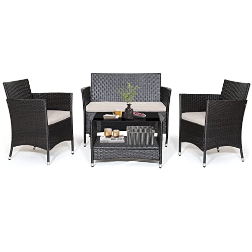 COSTWAY 4PCS Patio Rattan Furniture Set Armrest Cushion Sofa Coffee Table W/Shelf Garden