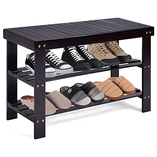 COSTWAY 3-Tier Shoe Rack Bench, Free Standing Wood Entryway Shoe Storage Organizer, Bamboo Storage Shelf for Shoes,Ideal for Home Entryway, Hallway