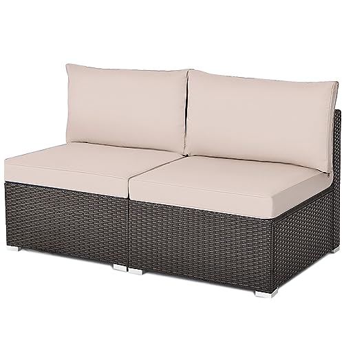 COSTWAY 2PCS Patio Rattan Armless Sofa Sectional Furniture Conversation Set W/Cushion