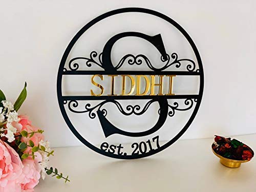 FranJohnsonHouse, Personalized Family Last Name Sign, Initial Split Letter, Wreath, Custom Wedding Gift Est Date Established Sign Monogram Plaque Door Hanger Wall Decor Housewarming Gift, (Design 3)