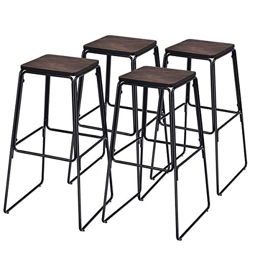 COSTWAY 30 Inch Industrial Barstool Set of 4, Stackable Backless Pub Height stools, Sturdy Iron Frame with Durable Elmwood Seat, 4-Sided Footrest and Anti-Slip Feet Nails Bar Stool for Bistro, Home