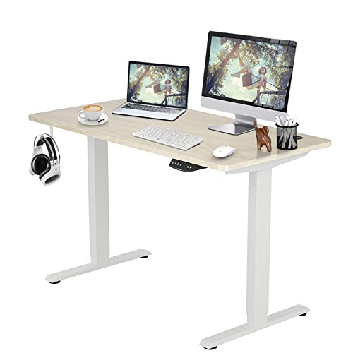 COSTWAY Dual Motor Electric Stand Up Desk, Height Adjustable Standing Desk w/Solid One-Piece Desktop & Memory Controller, Home Office Sit-to-Stand Computer Workstation (White + Natural, 48''X24'')