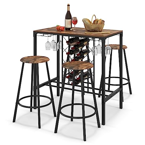 COSTWAY 5-Piece Bar Height Dining Set, 4-Person Bar Table and Stools Set with Wine Racks & Glass Holders, Home Kitchen Breakfast Table Set for Home, Bar, Coffee Shop, Rustic Brown & Black