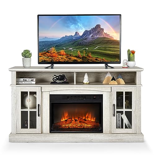 COSTWAY Electric Fireplace TV Stand for TVs Up to 65 Inches, 1400W Heater Insert with Remote Control, 6H Timer, 3-Level Flame, Overheat Protection and CSA Certification, Adjustable Shelves, Grey