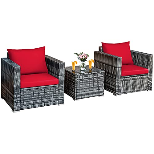 COSTWAY 3 PC Patio Rattan Furniture Bistro Set Cushioned Sofa Chair Table Red