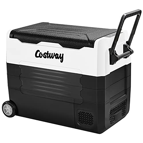 COSTWAY Car Refrigerator with Wheels, 58-Quart Dual-zone Electric Cooler with 12V/24V DC, 100-240V AC, -4¡F to 50¡F, Portable 12 Volt Refrigerator RV Fridge Freezer for Home Camping Vehicles, Black