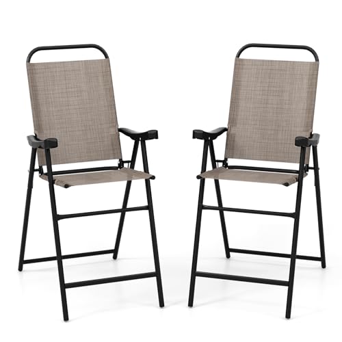 COSTWAY 2 Pieces Patio Folding Bar Chairs, High Top Patio Bar Chair with Metal Frame & Footrest, Outdoor Bar Height Chairs for Balcony, Garden & Poolside, Coffee (1, Coffee)