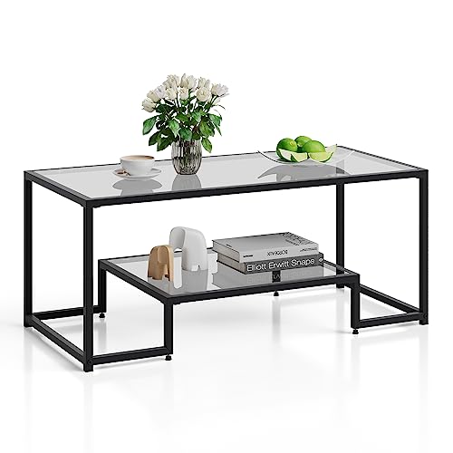 COSTWAY 45Ó Glass Coffee Table, 2-Tier Rectangular Accent Table with Storage Shelf & Golden Metal Frame, Modern Center Tea Table for Living Room Home Office (Black)