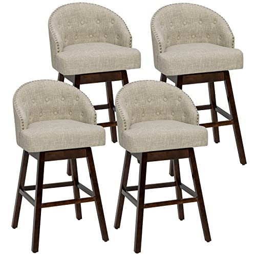 COSTWAY Bar Stools Set of 4, 31ÕÕ Swivel Bar Stools with Rubber Wood Legs & Padded Back, Breathable Linen Fabric, Stylish Tufted Design & Rivet Decoration, Adjustable Foot Pads (4, Beige + Brown)