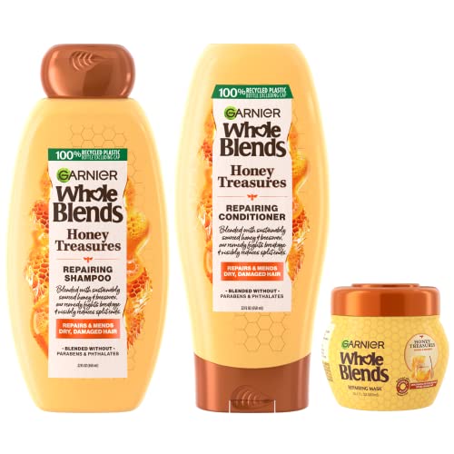 Garnier Whole Blends Honey Treasures Repairing Shampoo, Conditioner + Hair Mask Set for Dry, Damaged Hair (3 Items), 1 Kit (Packaging May Vary)