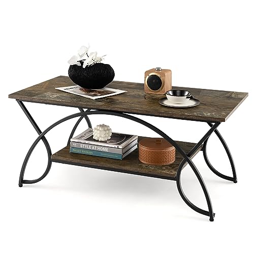 COSTWAY 2-Tier Coffee Table, Industrial Wood Accent Table with Storage and Black Finished Metal Frame, Chic Rectangular Side End Table for Living Room Office Lounge (Rustic Brown)