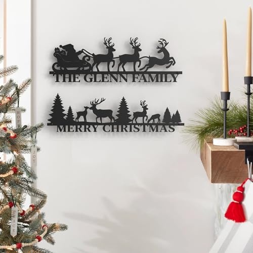 Custom Christmas Reindeer and Santa Claus Sledge Metal with Wall Art Christmas Decor, Personalized Deer Metal Signs Family Name Sign Christmas Tree Wall Decor Christmas Deer Welcome Sign Gifts