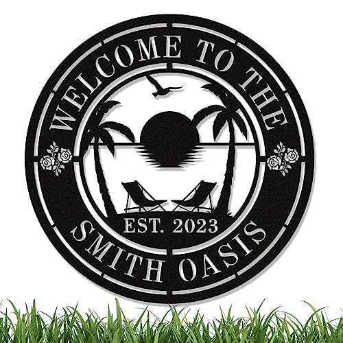 Personalised Tropical Patio Metal Sign, Custom Oasis Metal Sign, Custom Backyard Pool Sign, Custom Beach House Decor, Custom Family Welcome Sign, Custom Palm Tree Outdoor Decor