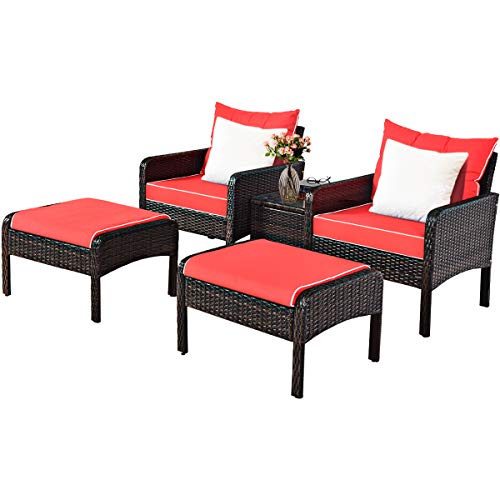 COSTWAY 5 PCS Patio Rattan Furniture Set Sofa Ottoman Table Cushioned Yard Red