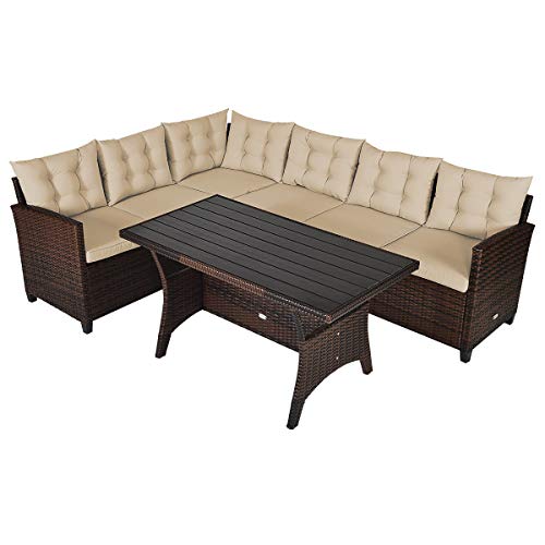 COSTWAY 3PCS Rattan Dining Set Patio Furniture 6 Seats Sofa Cushioned Garden Yard