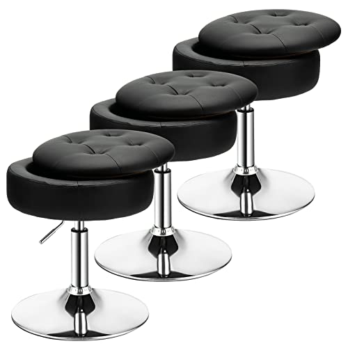 COSTWAY Counter Height Bar Stool Set of 3, Tufted PU Leather 20"-26" H Adjustable Swivel Vanity Chair with Removable Tray Top and Storage Space, Modern Round Ottoman for Makeup Kitchen Island, Black