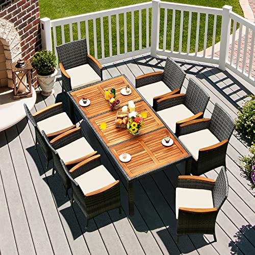 COSTWAY 9PCS Patio Rattan Dining Set Acacia Wood Table Cushioned Chair Mix Gray