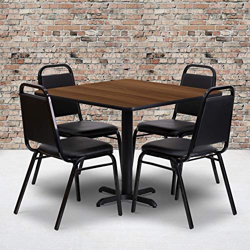 Flash Furniture Carlton 36'' Square Walnut Laminate Table Set with X-Base and 4 Black Trapezoidal Back Banquet Chairs