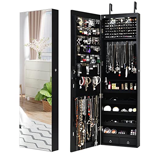 COSTWAY Mirror Jewelry Armoire, Wall Door Mounted Jewelry Organizer w/Full-length Mirror and 2 LED Lights, Lockable Large Capacity Jewelry Cabinet for Earrings, Necklaces, Bracelets (Black)