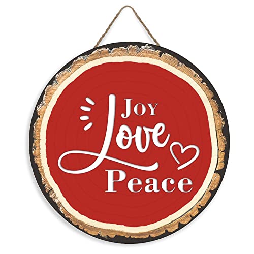 Welcome Sign for Front Door, Joy Love Peace Wood Sign, Rustic Wood Door Hanger Farmhouse Porch Décor Wooden Hanging Round Sign 12 Inch Housewarming Christmas Gifts Home Decor