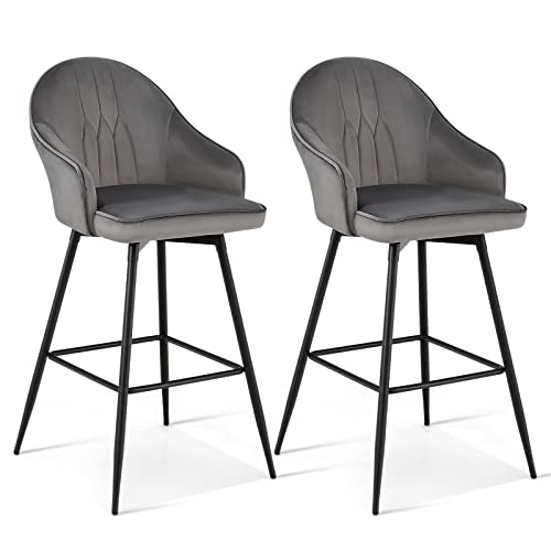 COSTWAY Bar Stools Set of 2, 360-degree Swivel Stools, Bar Height Velvet Upholstery Bar Chairs with Steel Legs & Footrest, Modern Low Back Bar Chairs for Kitchen, Pub, Bistro, Grey (2)