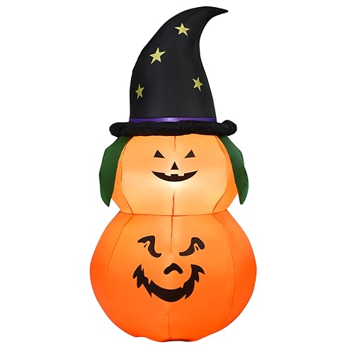 COSTWAY 5FT Halloween Inflatable Pumpkin w/Witch Hat LED Bulbs Blow Up Yard Decoration