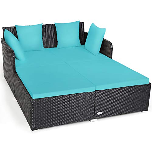 COSTWAY Outdoor Patio Rattan Daybed Pillows Cushioned Sofa Furniture Turquoise