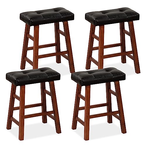 COSTWAY Saddle Stools Set of 4, 24-inch Counter Height Vintage Bar Stools with Solid Wood Legs & Footrests, Modern Backless Design Indoor Bar Chair for Kitchen, Dining, Pub, Bistro, Black+Brown