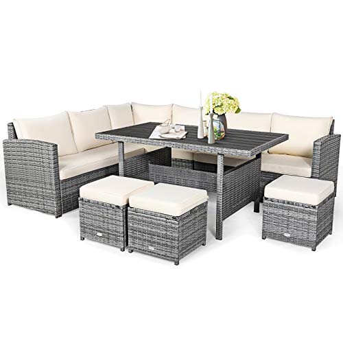 COSTWAY 7 PCS Patio Rattan Dining Set Sectional Sofa Couch Ottoman Garden White