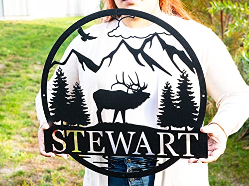 Personalized Hunting Sign | Outdoor Metal Elk Sign with Mountain | Custom Cabin Decor | Hunting Gift | Metal Nature Wall Art Mountains Trees | Wildlife Lover Gift | Metal Camping Sign | Dad Gift