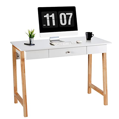 COSTWAY 42" Computer Desk with Storage Drawer, Modern Home Office Writing Study Table with Solid Rubber Wood Legs & Non-Slip Foot Pads, Multifunctional Makeup Vanity Dressing Table (Wood and White)