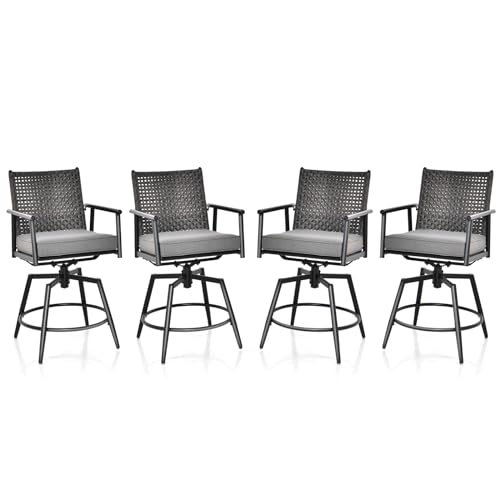 COSTWAY Patio Swivel Bar Stool Set of 4, Counter Height Bar Chair with Metal Frame, PE Rattan Backrest, Removable Padded Cushion & Footrest, Outdoor Patio Bistro Set, Black (4)