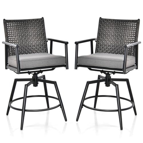 COSTWAY Patio Swivel Bar Stool Set of 2, Counter Height Bar Chair with Metal Frame, PE Rattan Backrest, Removable Padded Cushion & Footrest, Outdoor Patio Bistro Set, Black (2)